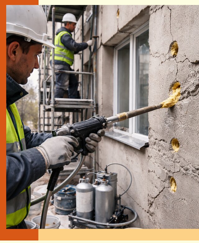 Заполнение пустот в фасаде и утепление стен в Скопине